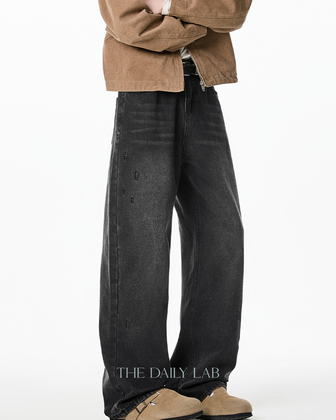 Washed Embroidered Straight-Leg Denim Pants in Black (In-Stock)