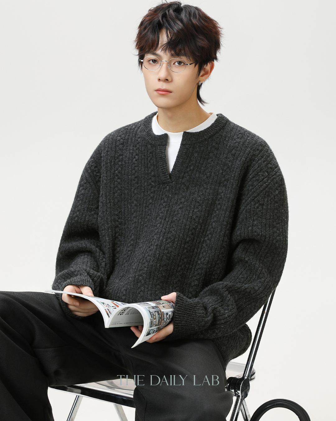 Oversized V-Neck Knit Sweater in Black