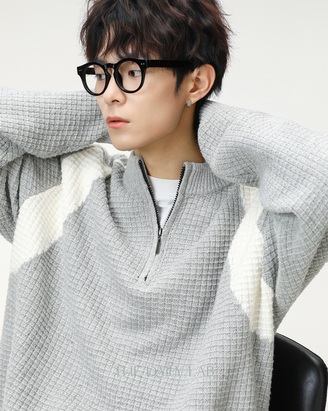 Colorblock Fleece Knit Jacket in Light Gray
