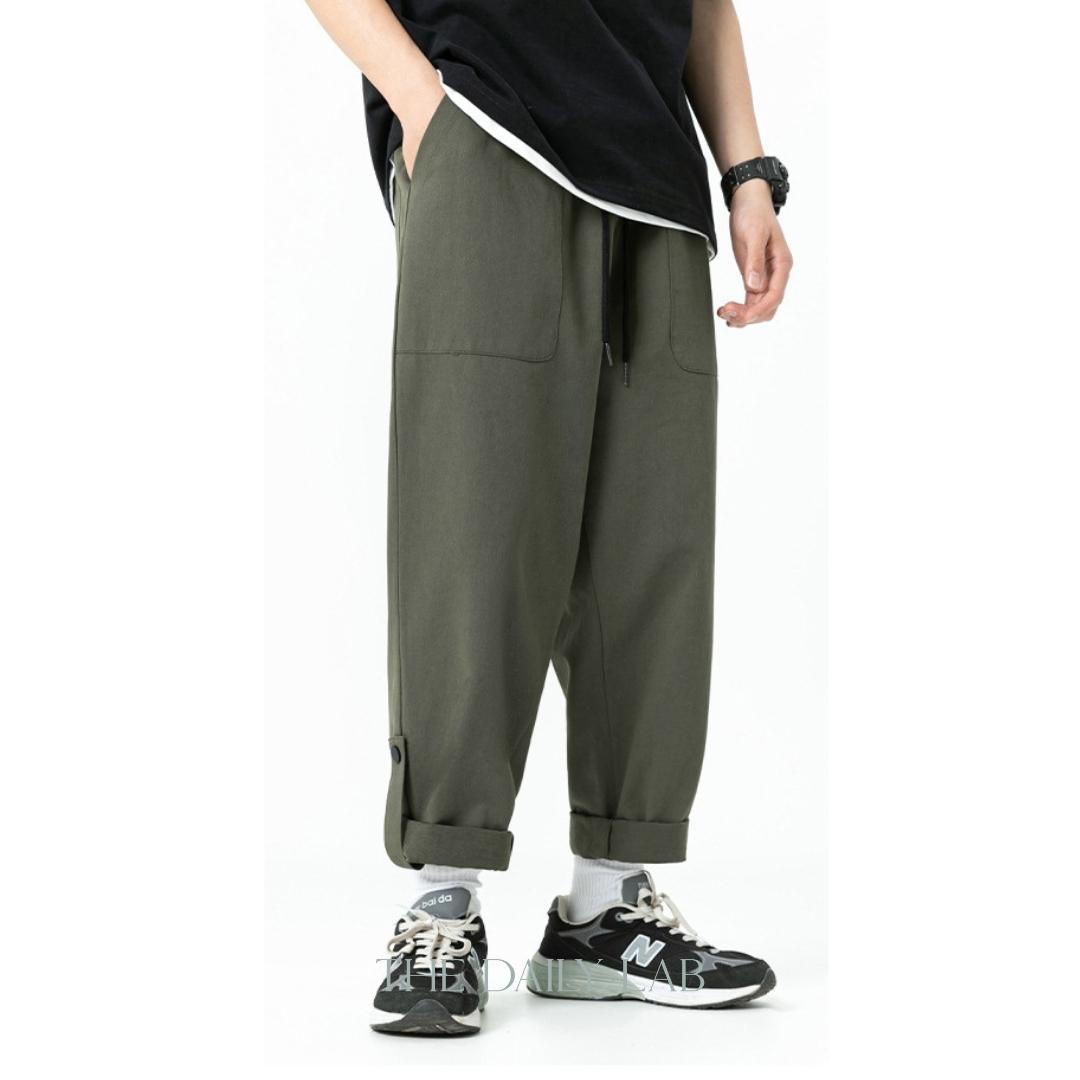 Twill Pocketed Straight Long Pants in Green