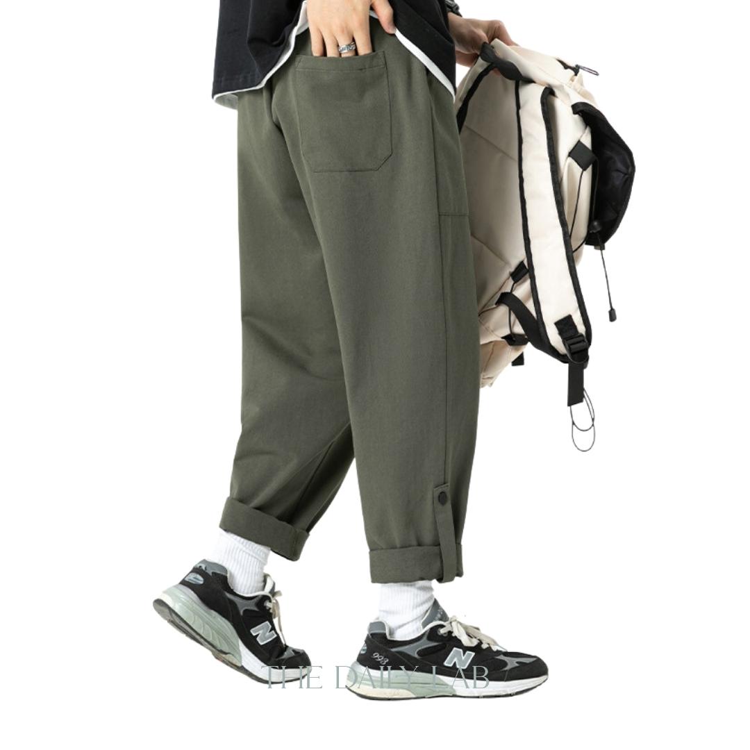 Twill Pocketed Straight Long Pants in Green