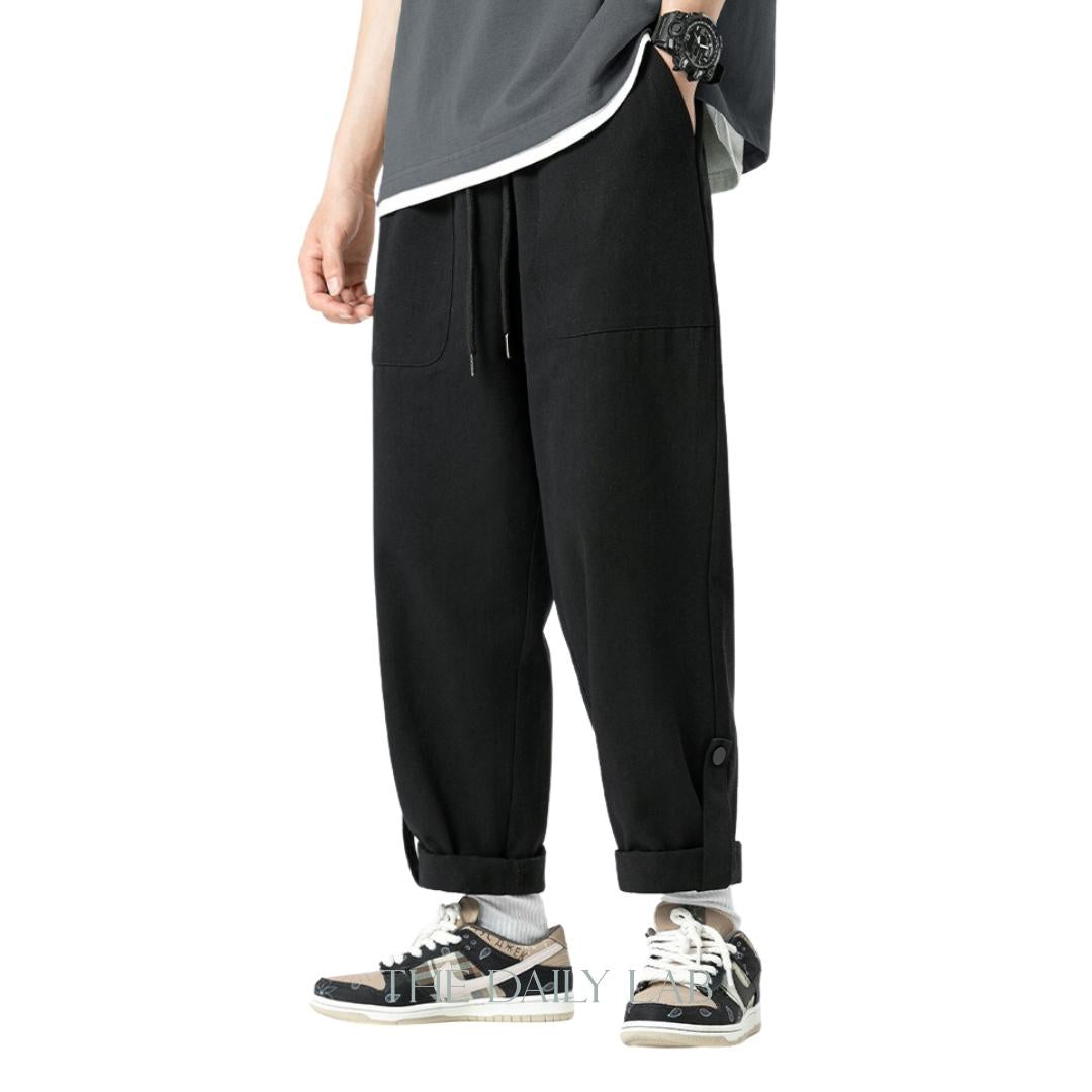 Twill Pocketed Straight Long Pants in Black