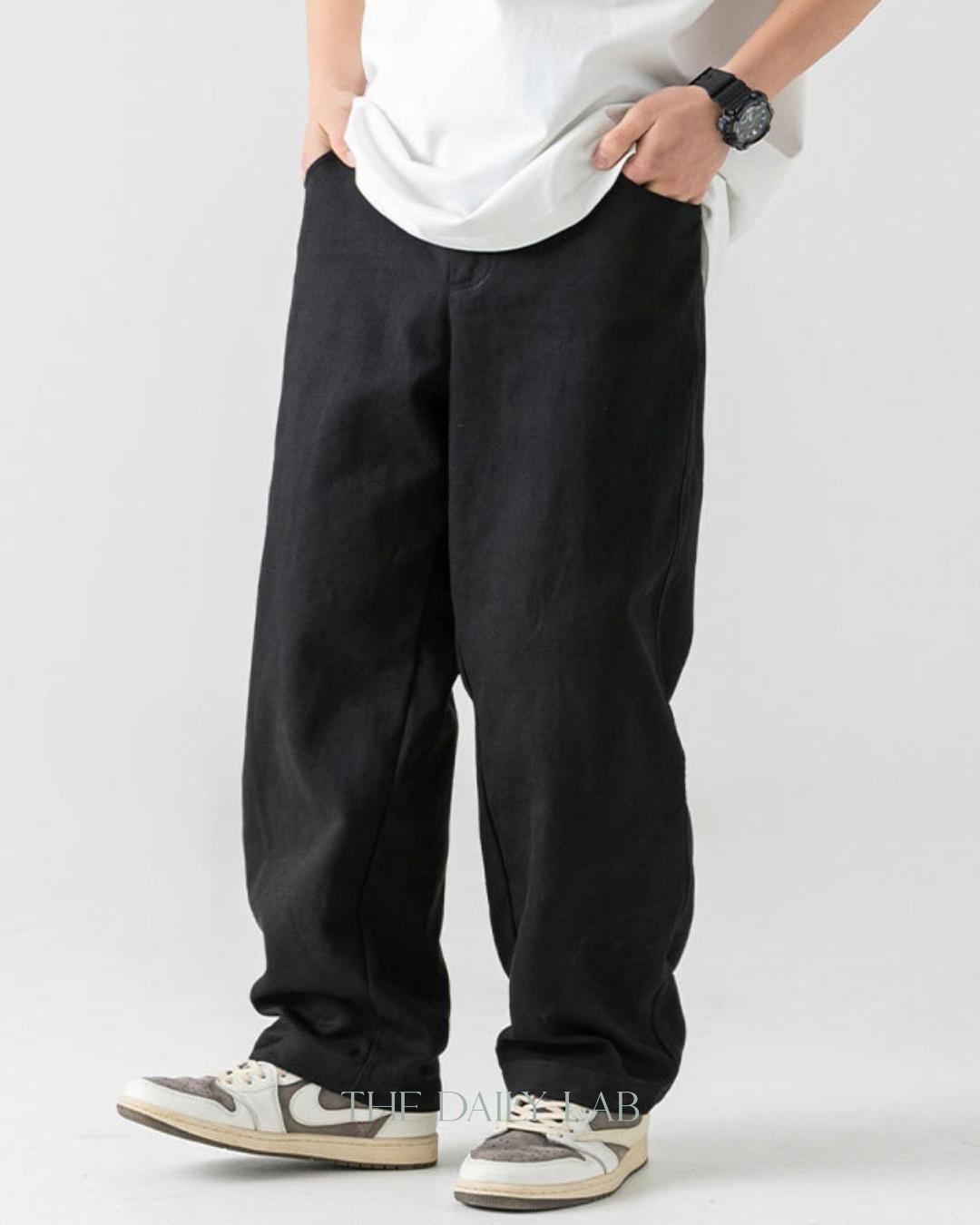 Vintage Cotton Straight Long Pants in Black