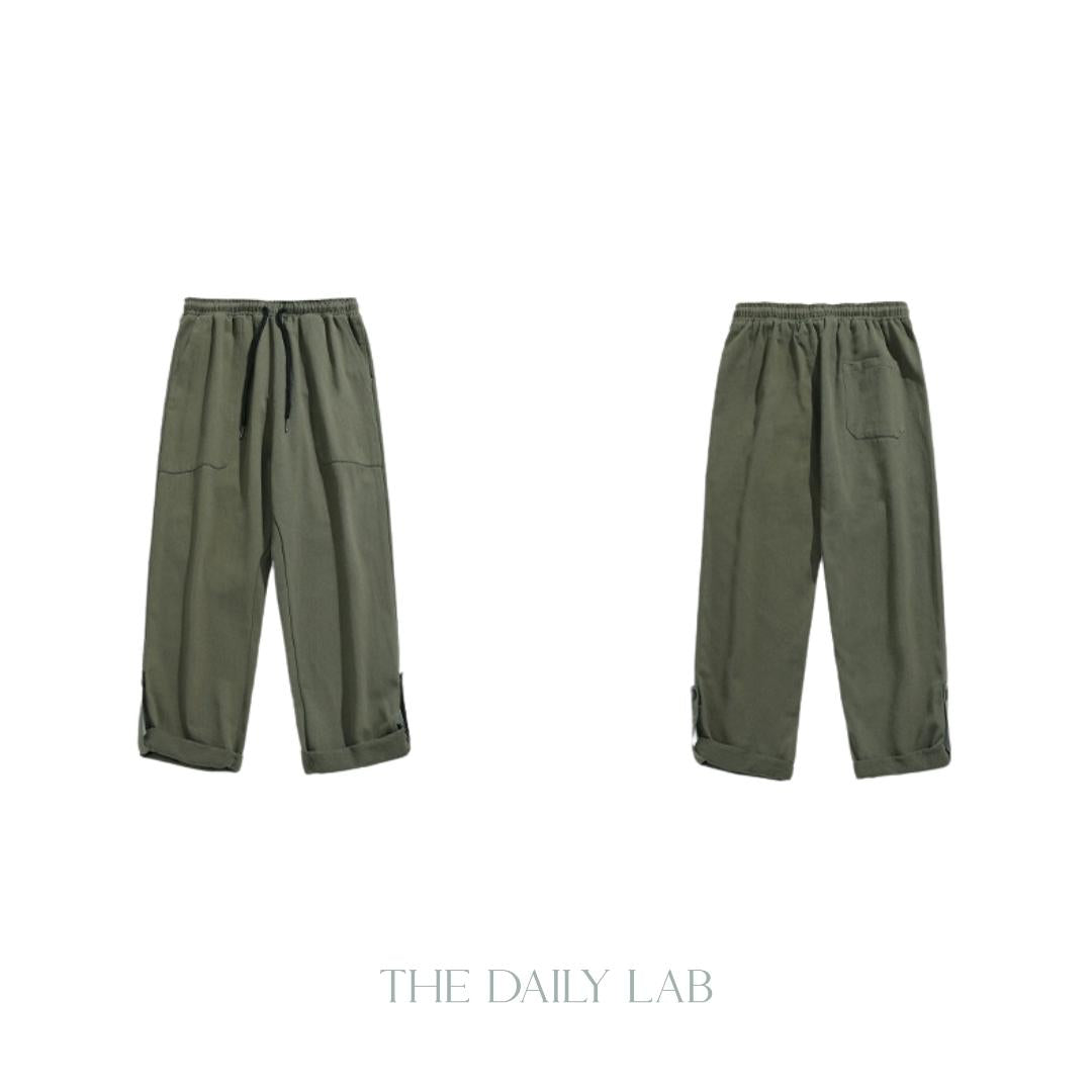 Twill Pocketed Straight Long Pants in Green