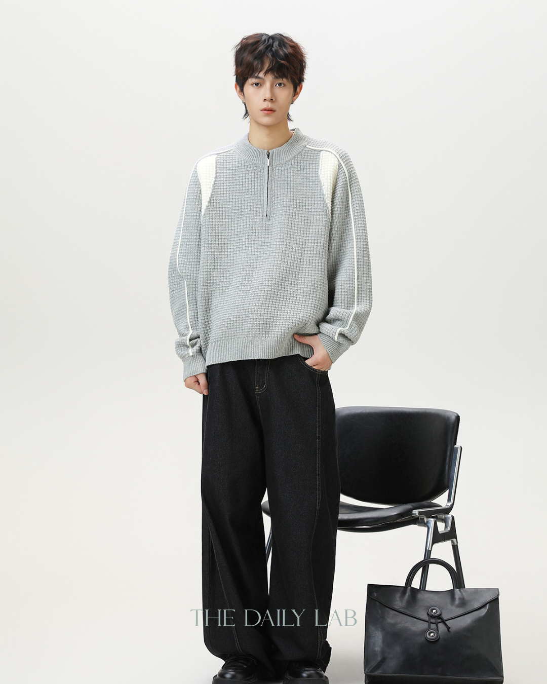 Colorblock Fleece Knit Jacket in Light Gray