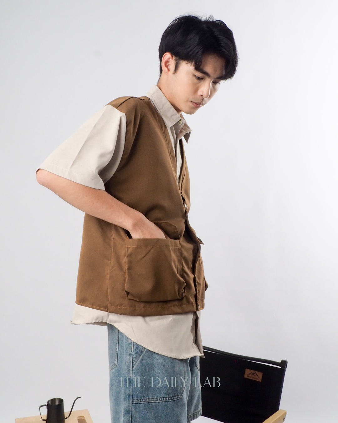 Japanese Techwear Layered Shirt in Khaki