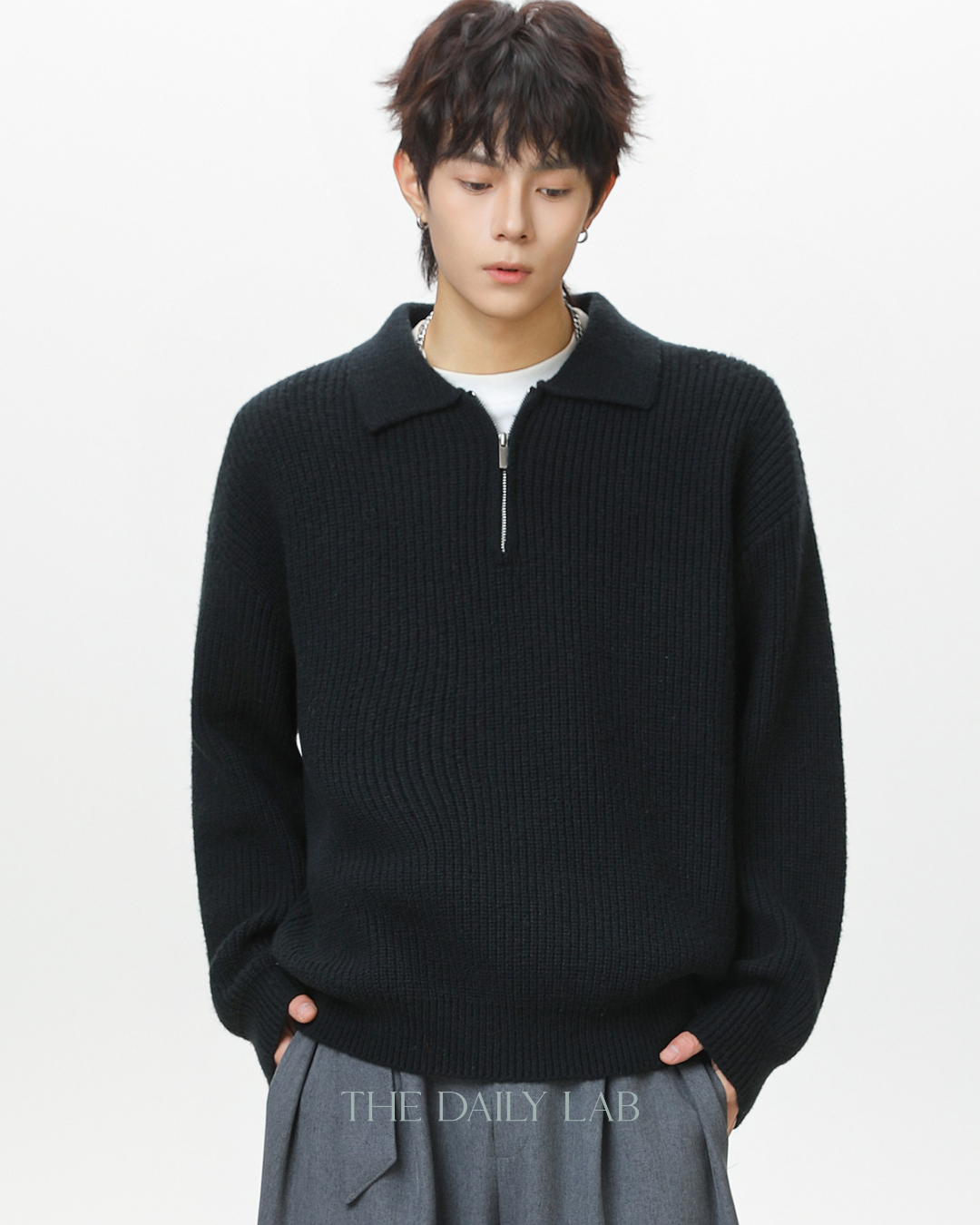 Heavyweight Half-Zip Knit Sweater in Black
