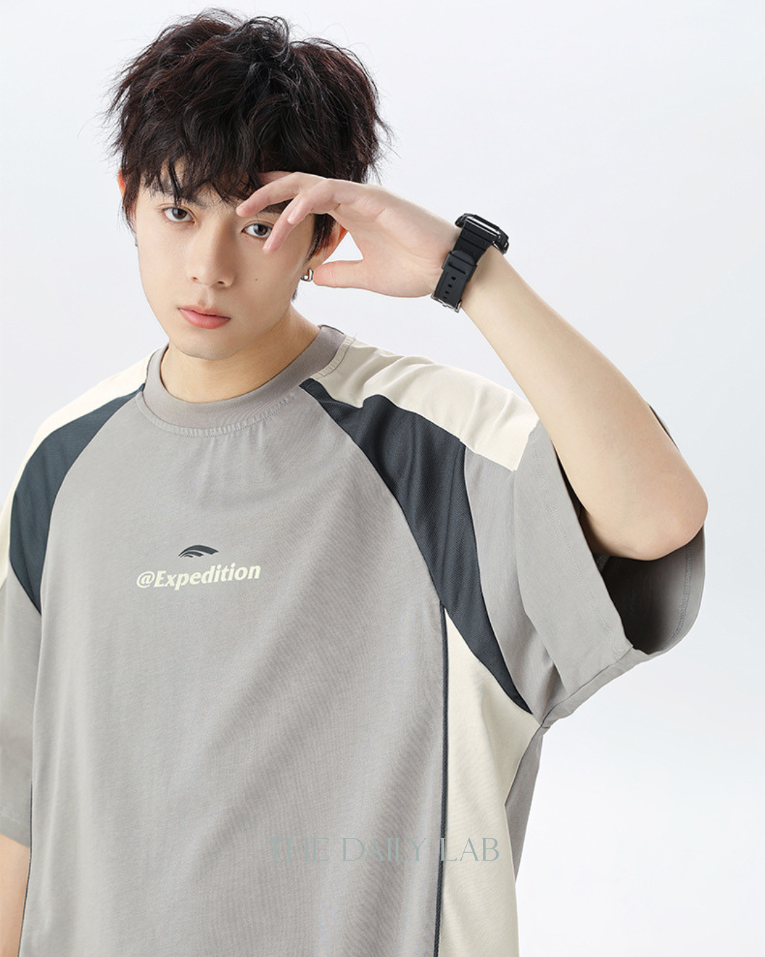 Contrast Mesh Letter Tee in Grey