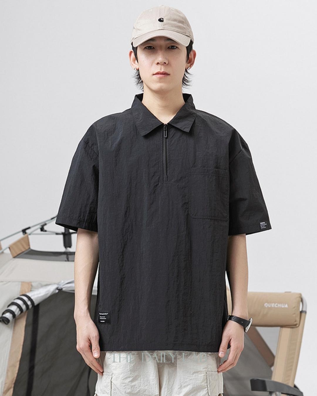 Zippered Cargo Polo Shirt in Black