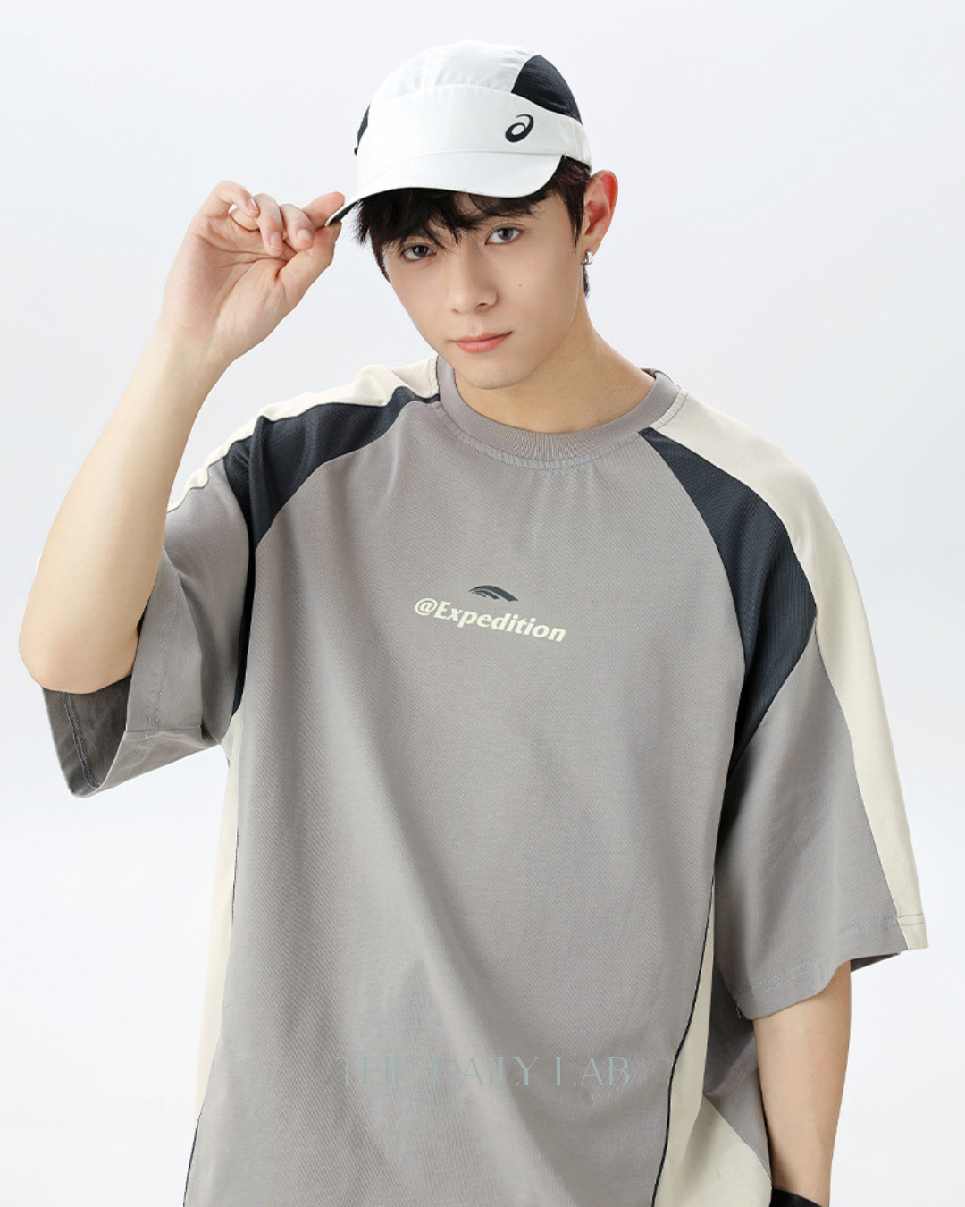 Contrast Mesh Letter Tee in Grey