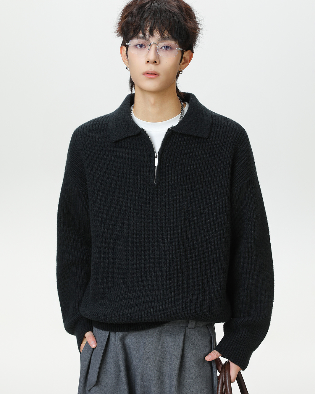 Heavyweight Half-Zip Knit Sweater in Black