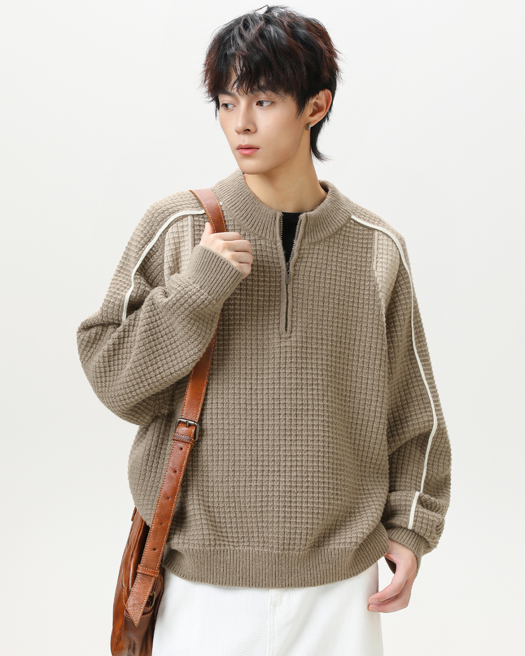 Colorblock Fleece Knit Jacket in Khaki