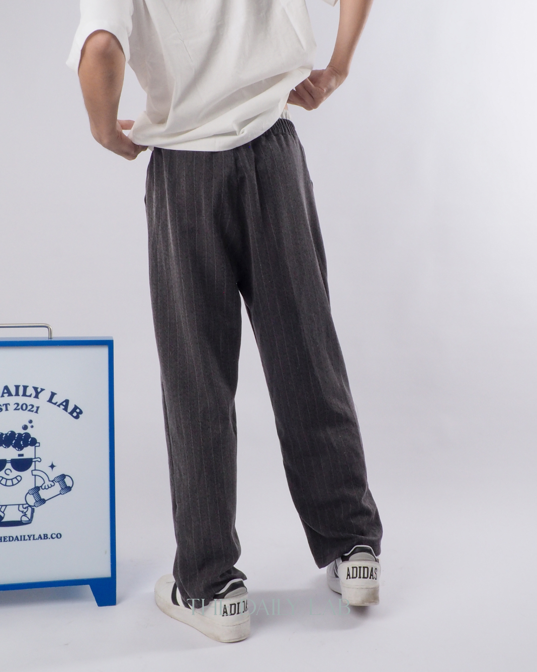 Double Waist Stripe Pants in Dark Grey