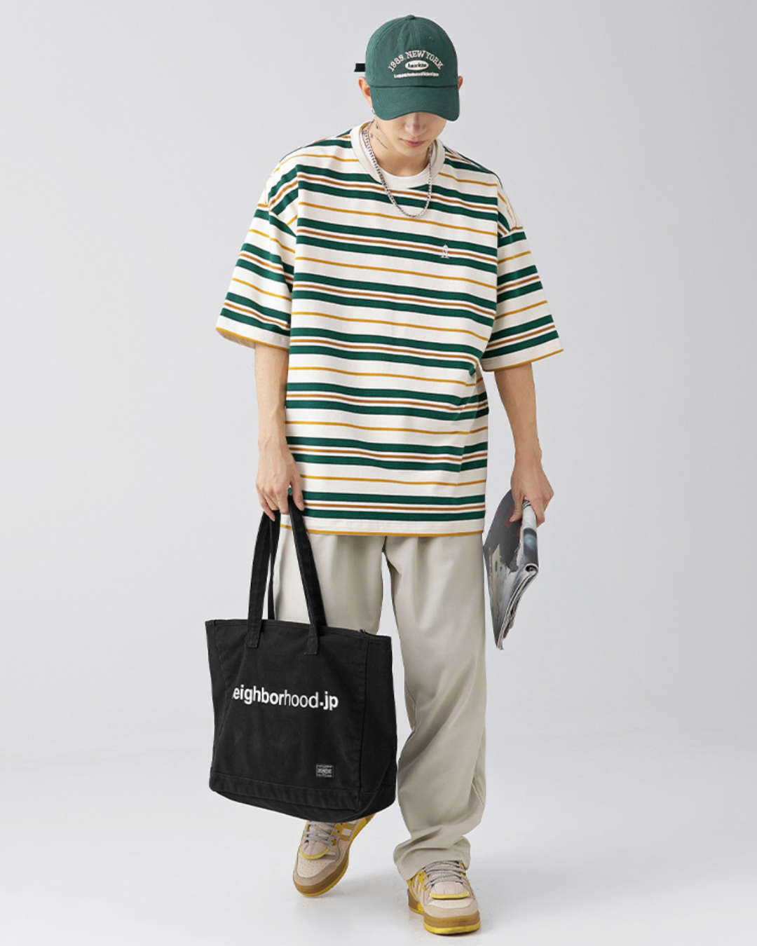 Retro Oversized Striped Line Tee in Green