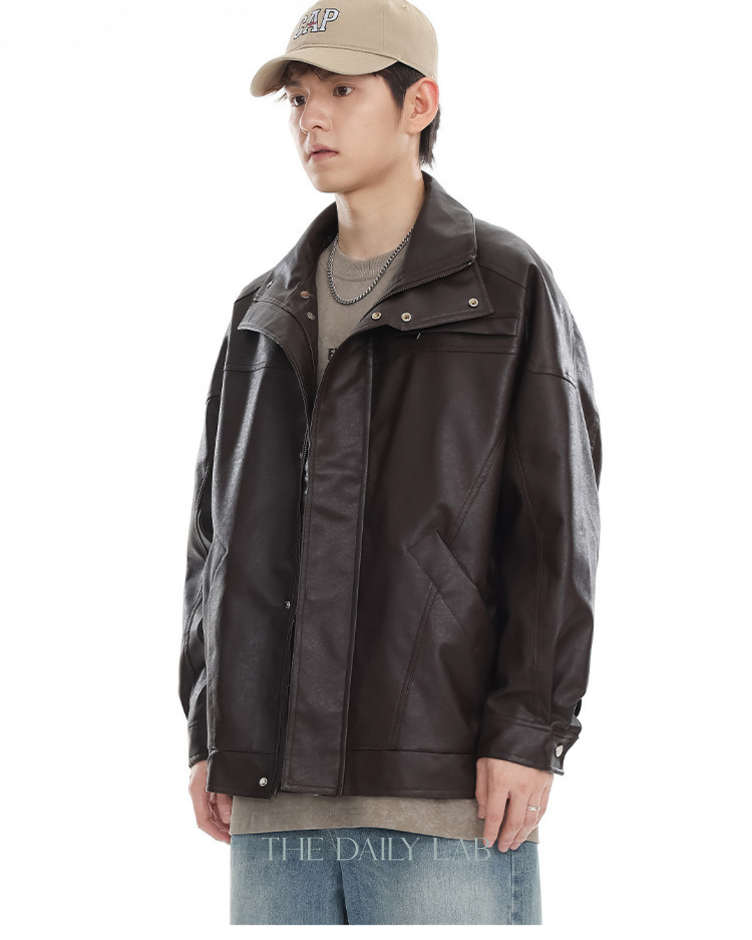 American Retro PU Leather Motorcycle Jacket In Brown