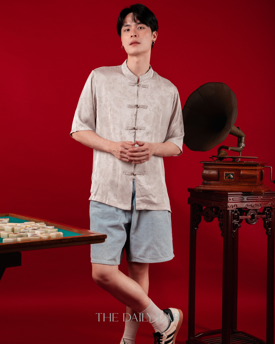 Ice Silk Mandarin Shirt in Mocha