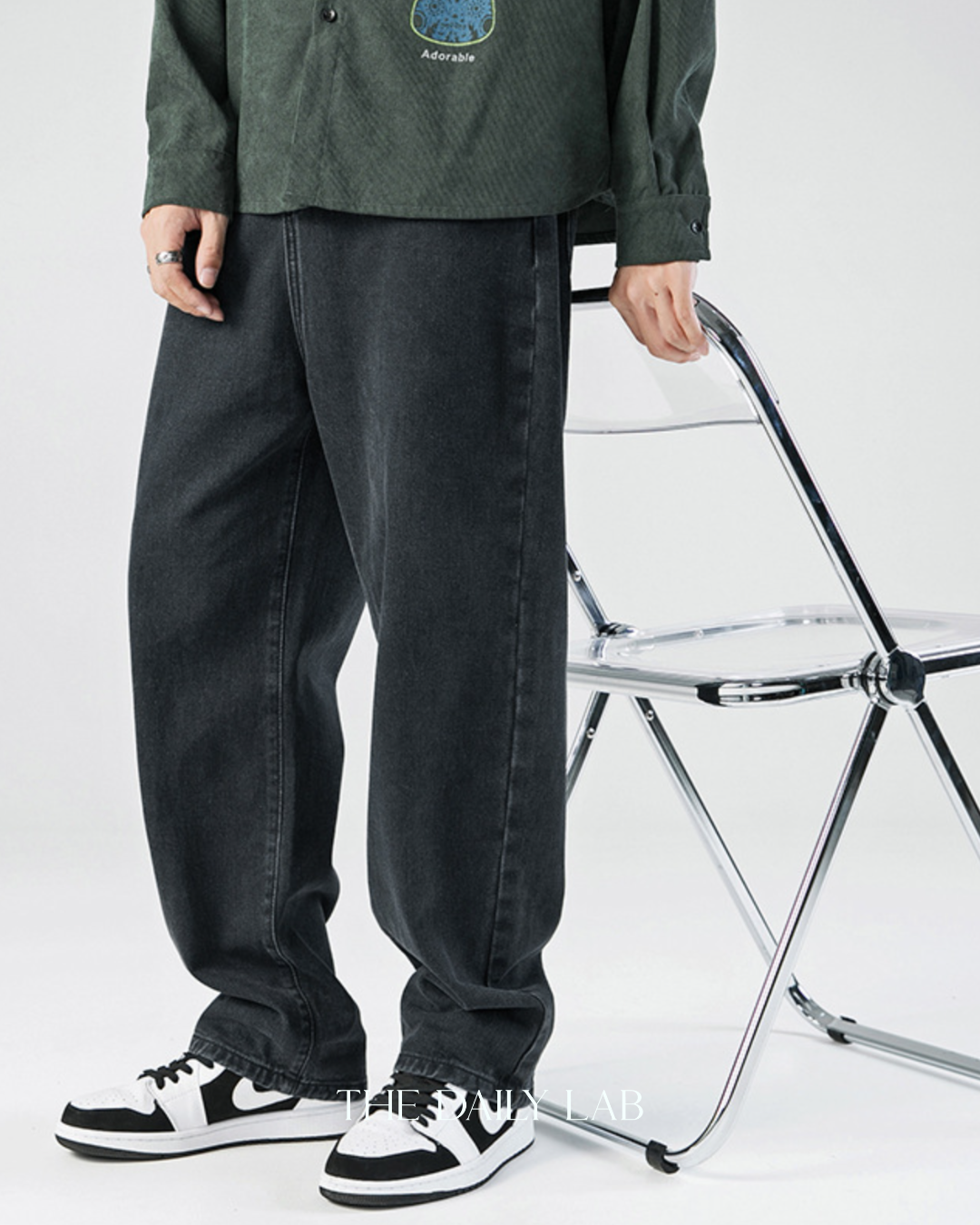 Washed Denim Wide Straight Jeans in Black