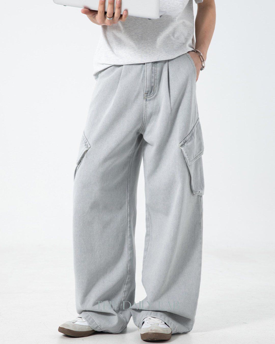 Washed Utility Denim Cargo Pants in Blue