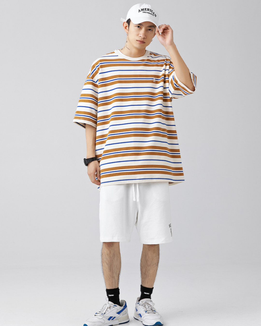 Retro Oversized Striped Line Tee in Brown