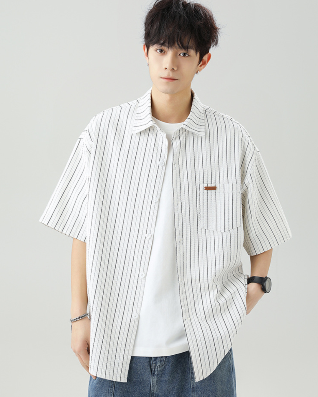 Striped Buttoned Overshirt in White