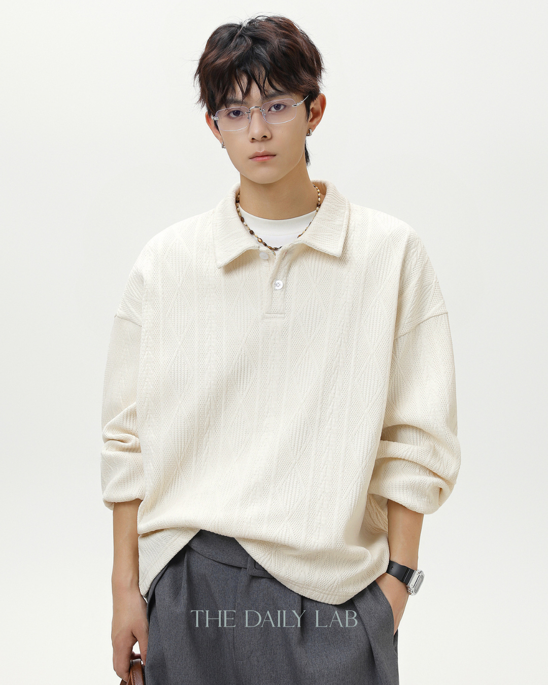 Heavyweight Textured Jacquard Turn-down Collar Sweatshirt In White