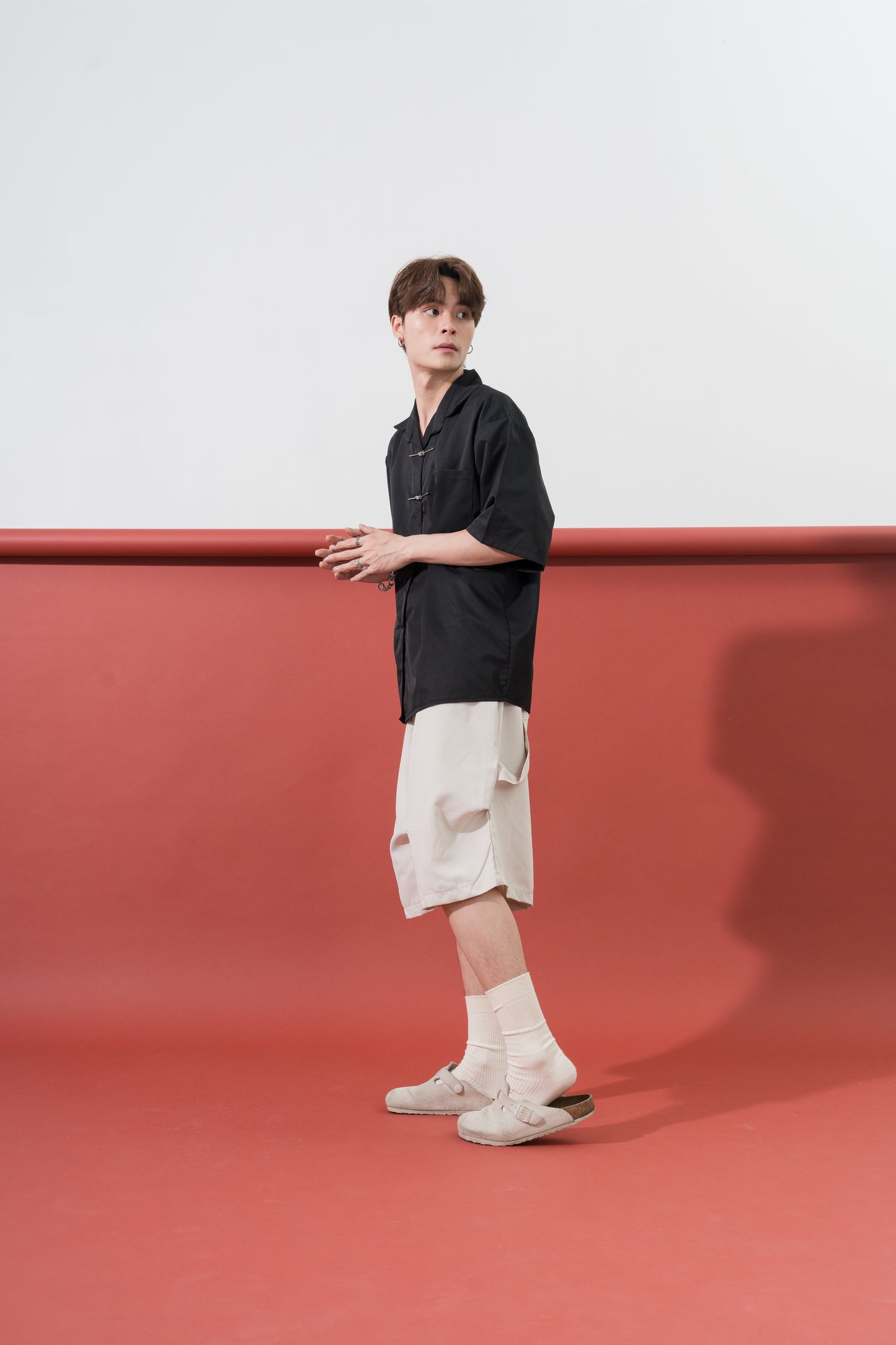 Metal Button Mandarin Oversized Shirt