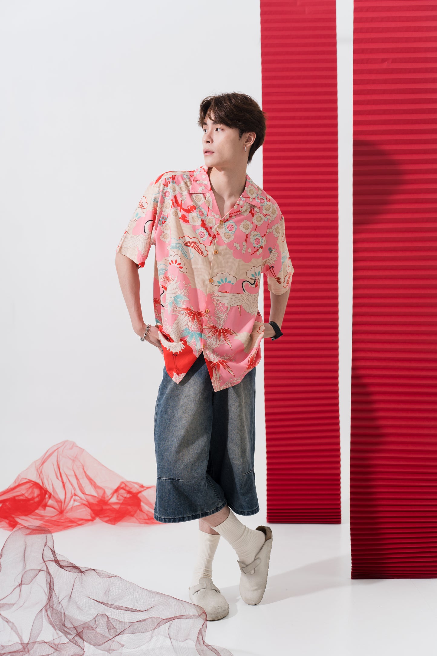 Japanese Crane Print Retro Shirt