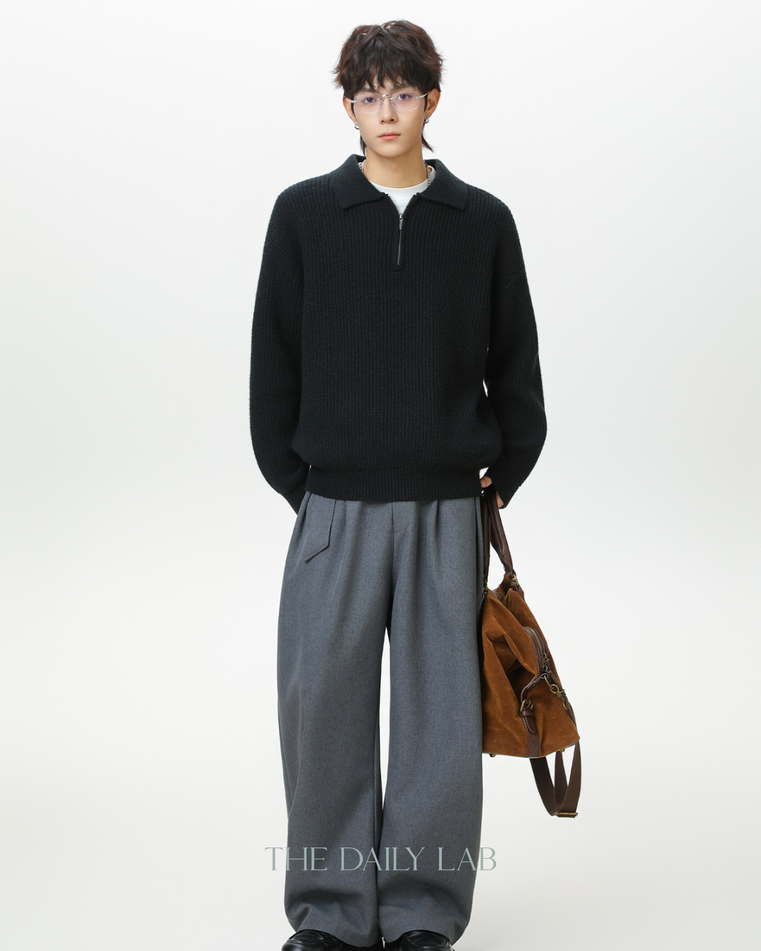 Heavyweight Half-Zip Knit Sweater in Black