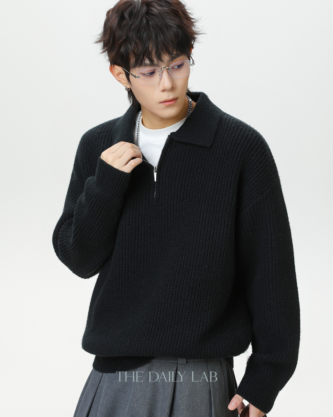 Heavyweight Half-Zip Knit Sweater in Black