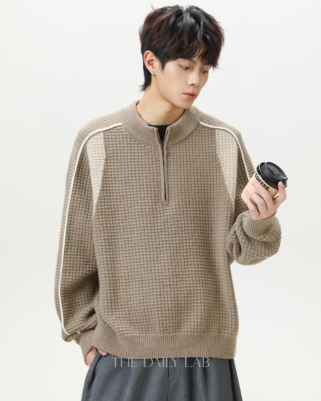 Colorblock Fleece Knit Jacket in Khaki