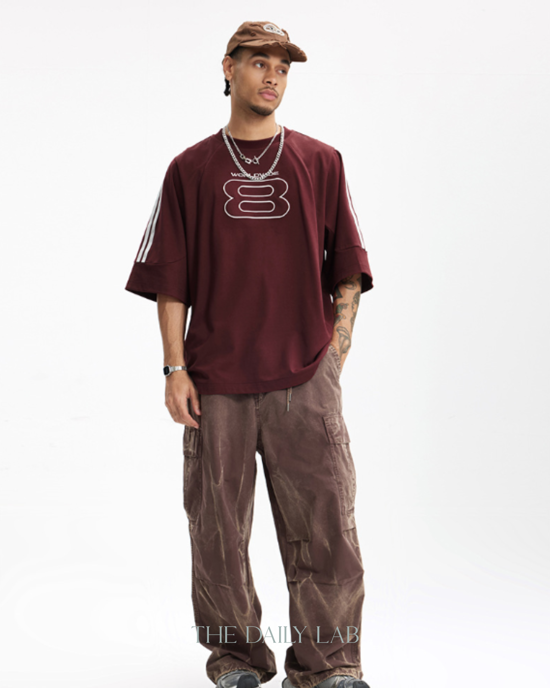 Worldwide Stripe Graphic Tee in Dark Red