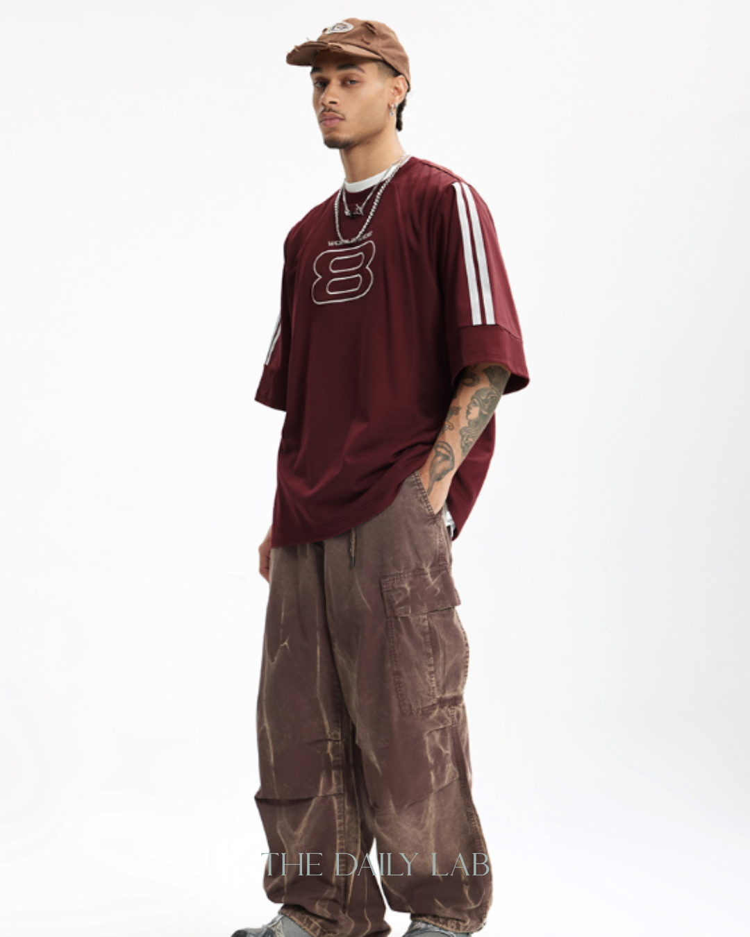 Worldwide Stripe Graphic Tee in Dark Red