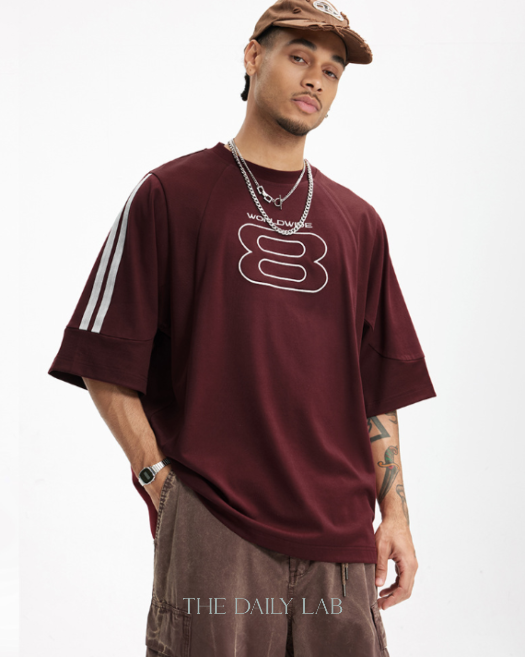 Worldwide Stripe Graphic Tee in Dark Red