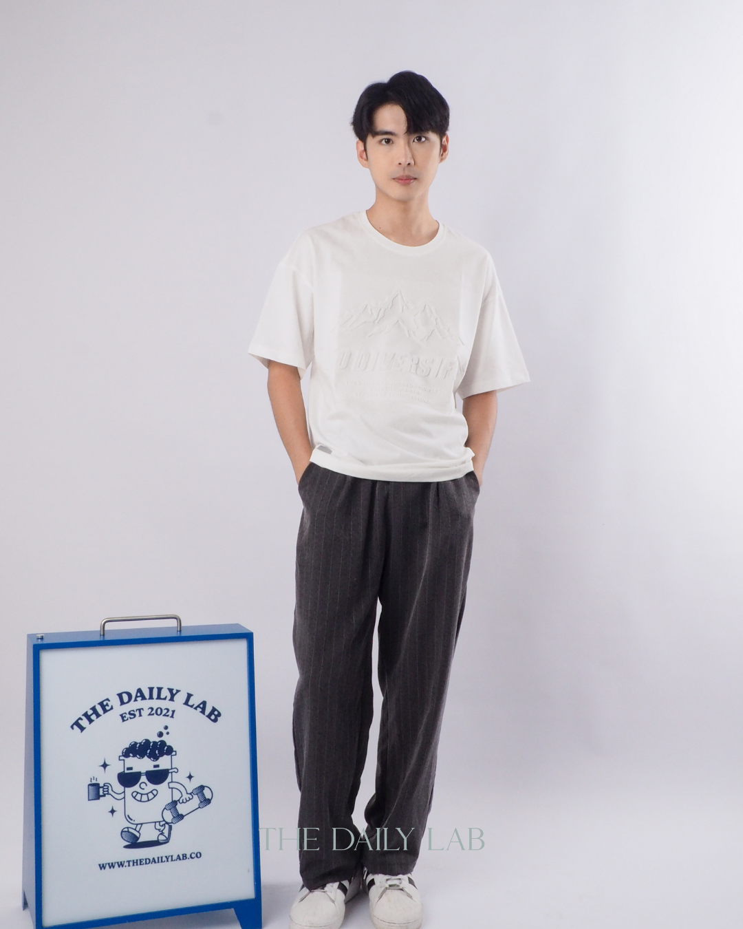 Double Waist Stripe Pants in Dark Grey
