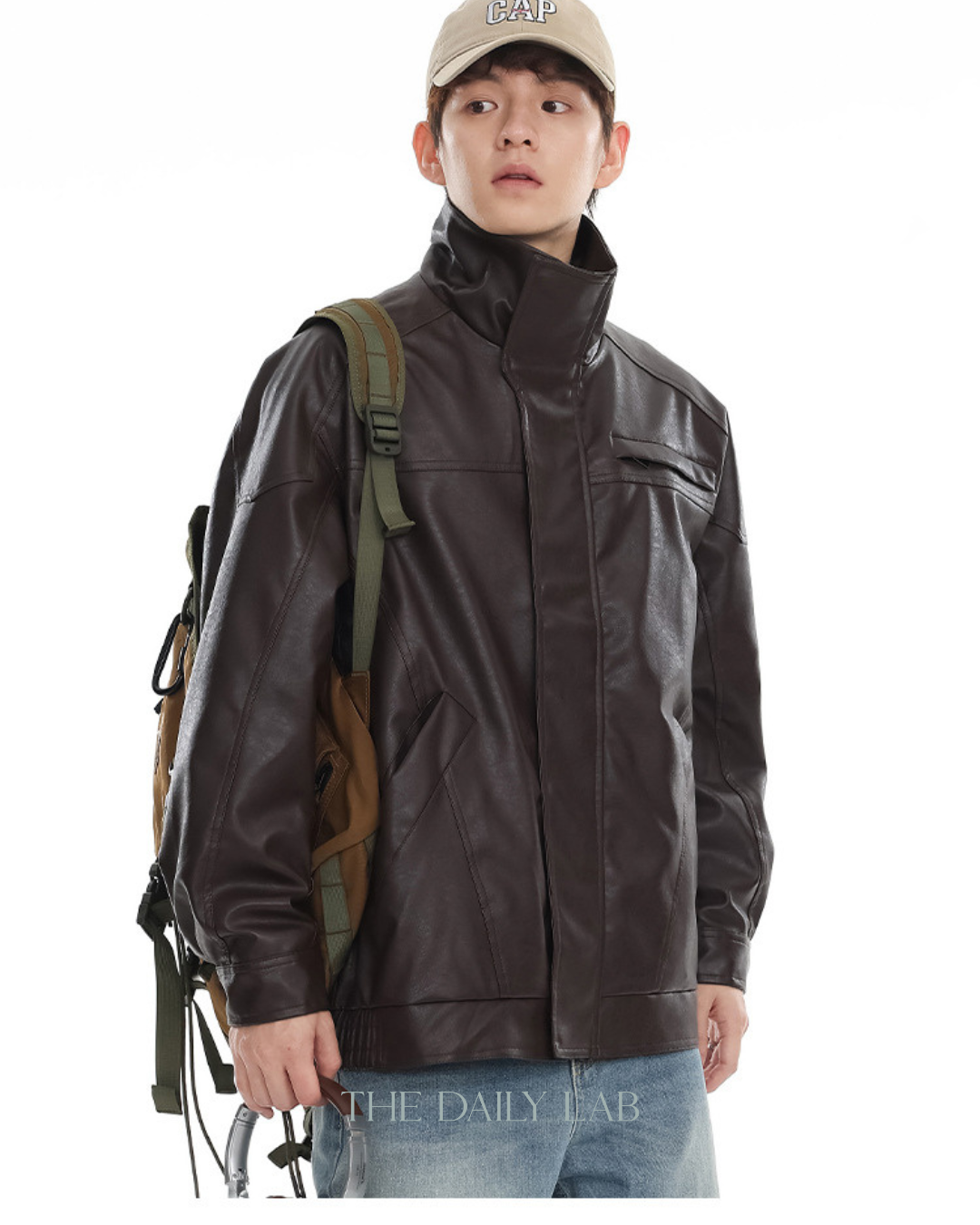 American Retro PU Leather Motorcycle Jacket In Brown