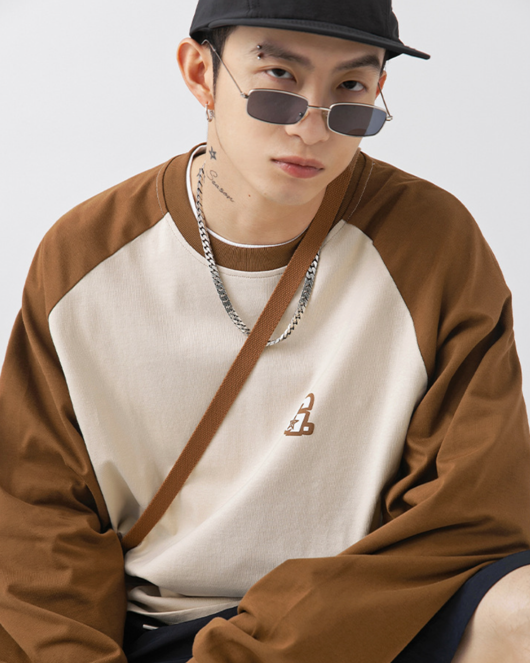 250G Patchwork Long Sleeves Tee in Brown