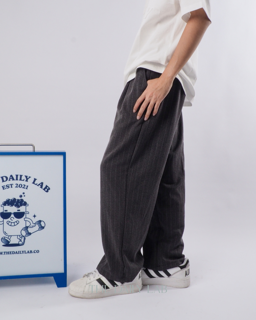 Double Waist Stripe Pants in Dark Grey