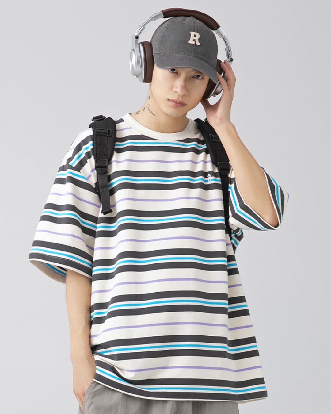 Retro Oversized Striped Line Tee in Blue