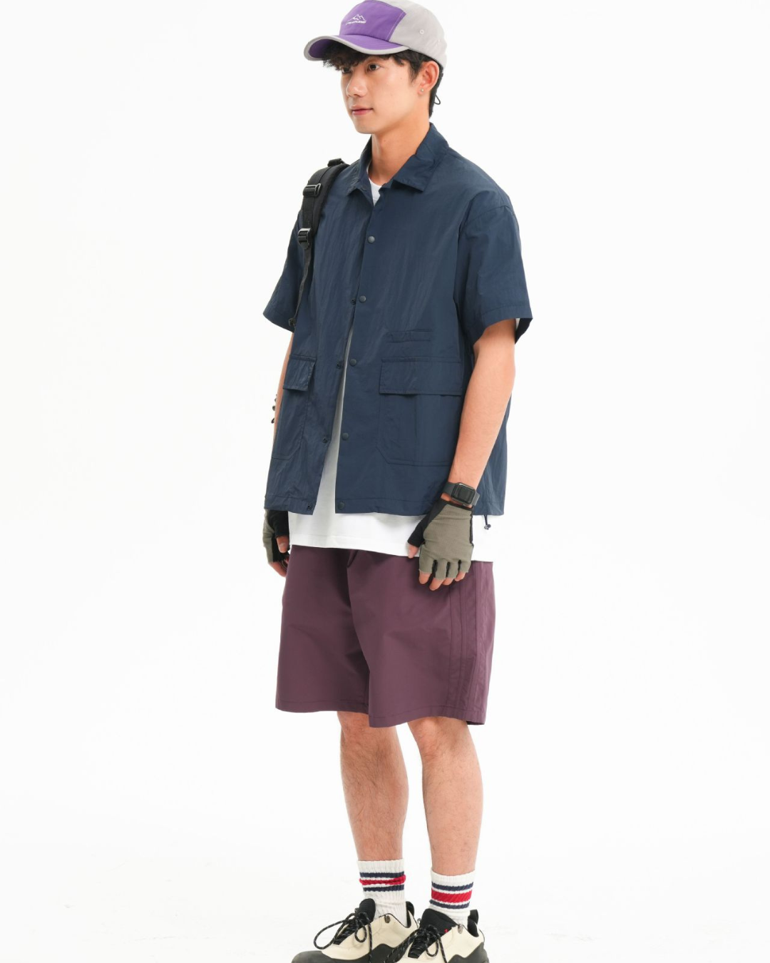 Solid Color Functional Short Sleeve Shirt In Navy Blue