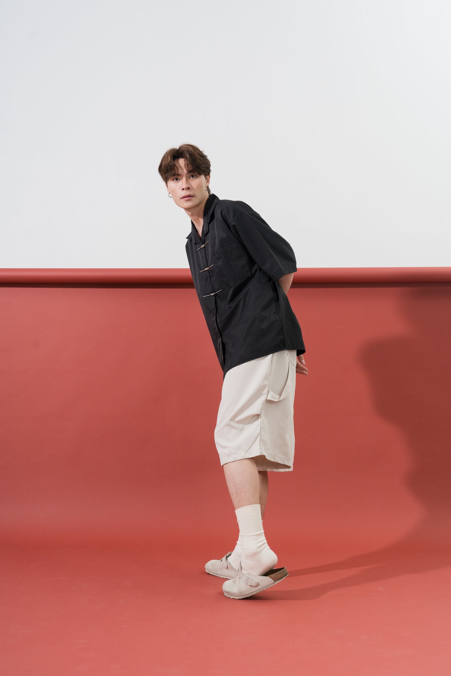 Metal Button Mandarin Oversized Shirt