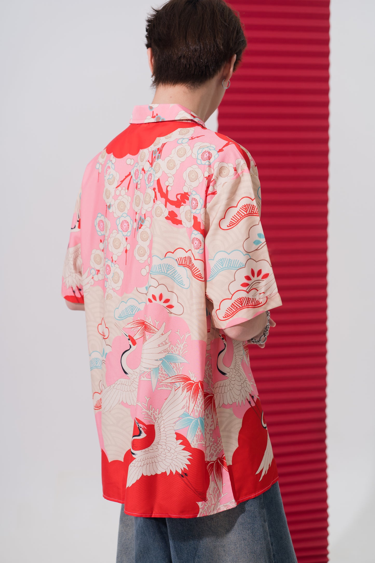 Japanese Crane Print Retro Shirt