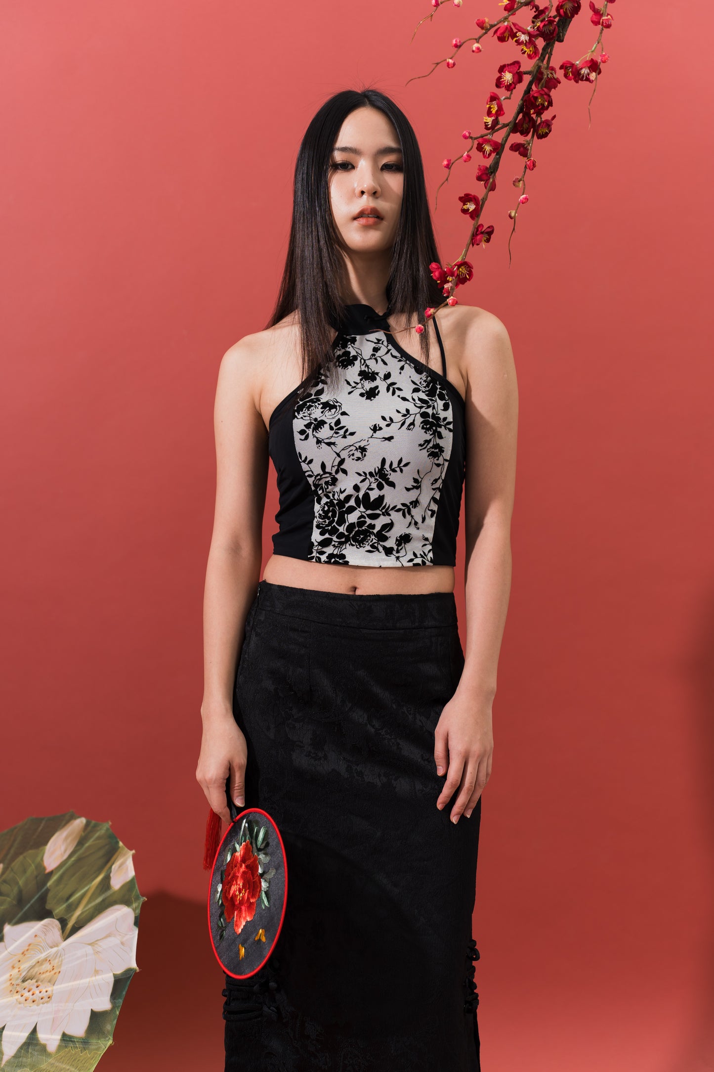 Black Floral Padded Cheongsam Top