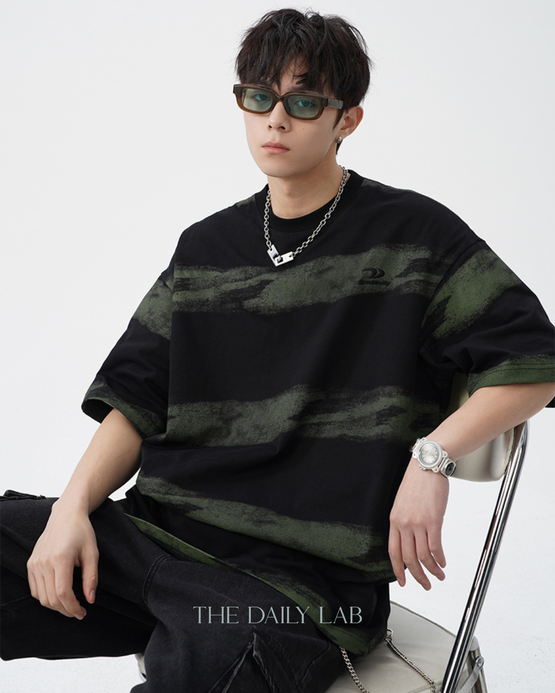 Tie-Dye Striped Vintage Tee in Black Green (In-Stock)