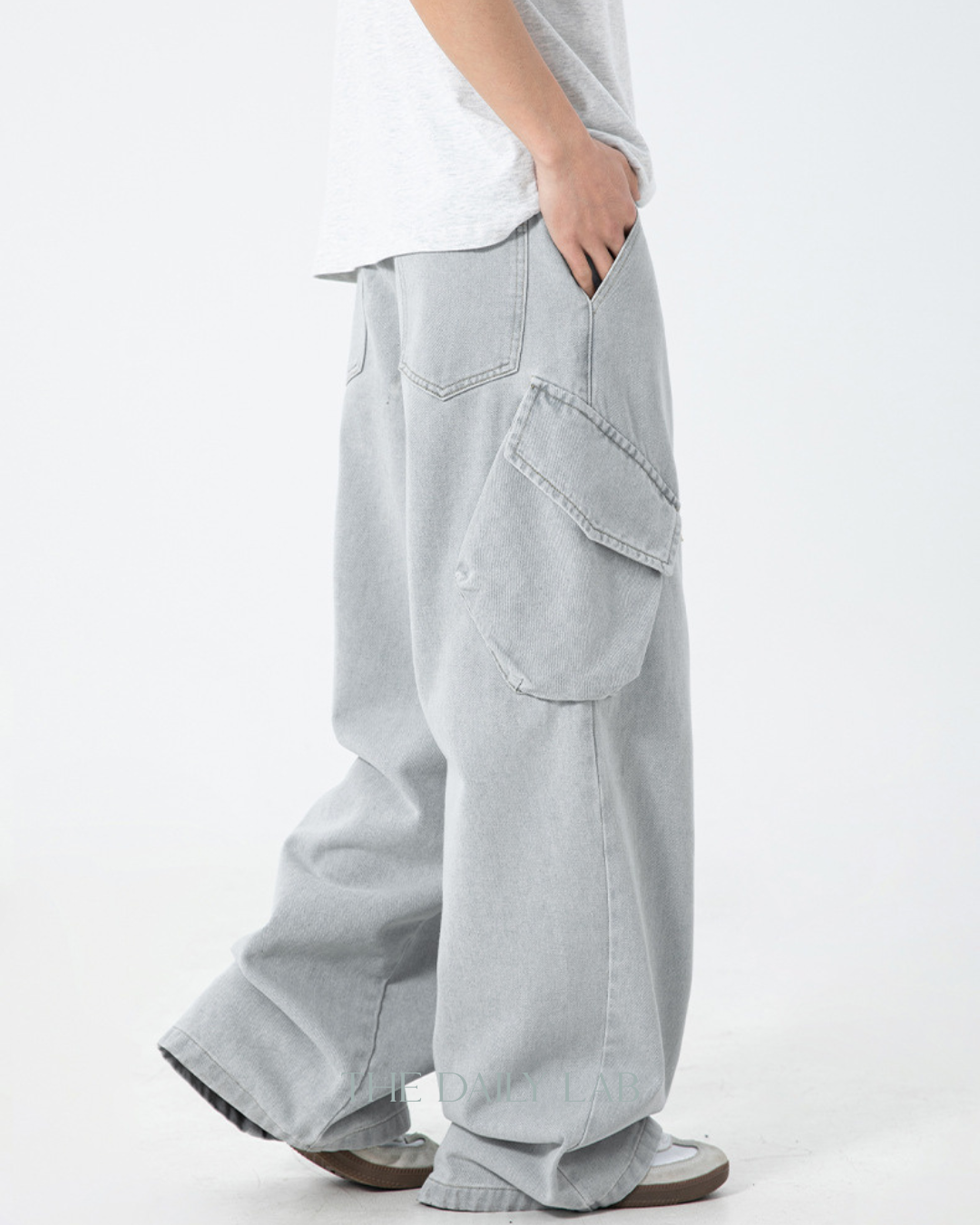 Washed Utility Denim Cargo Pants in Blue