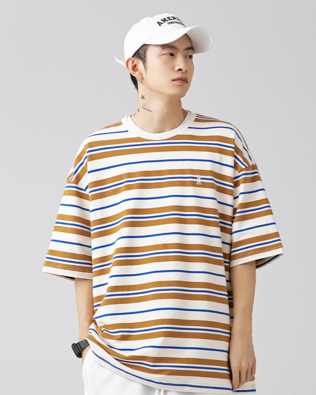 Retro Oversized Striped Line Tee in Brown