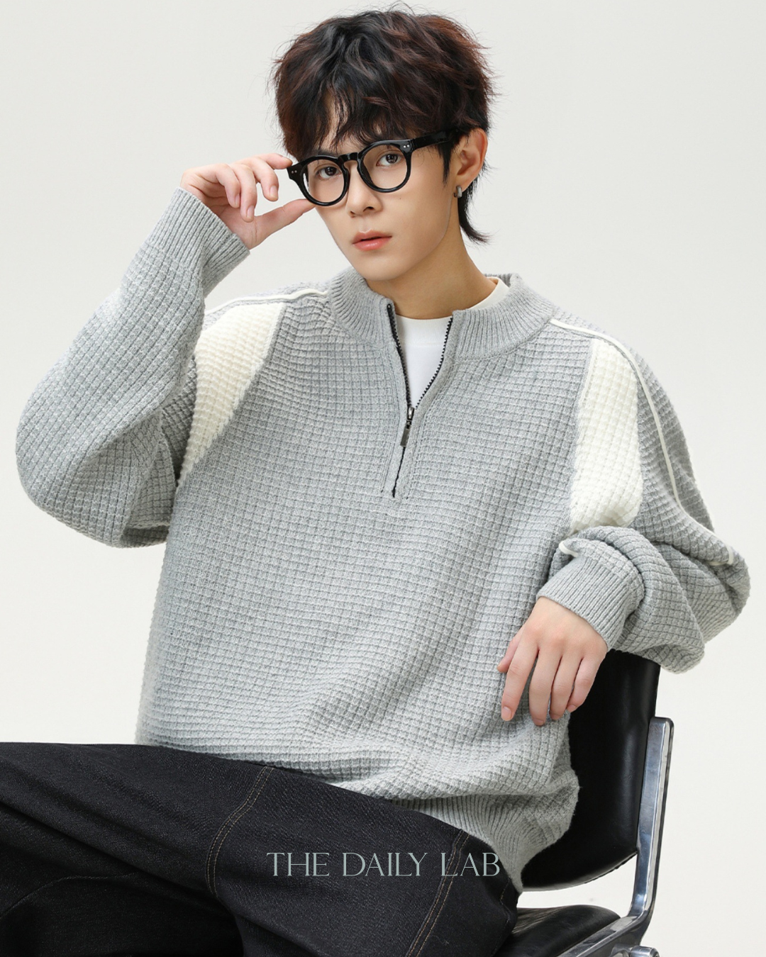 Colorblock Fleece Knit Jacket in Light Gray