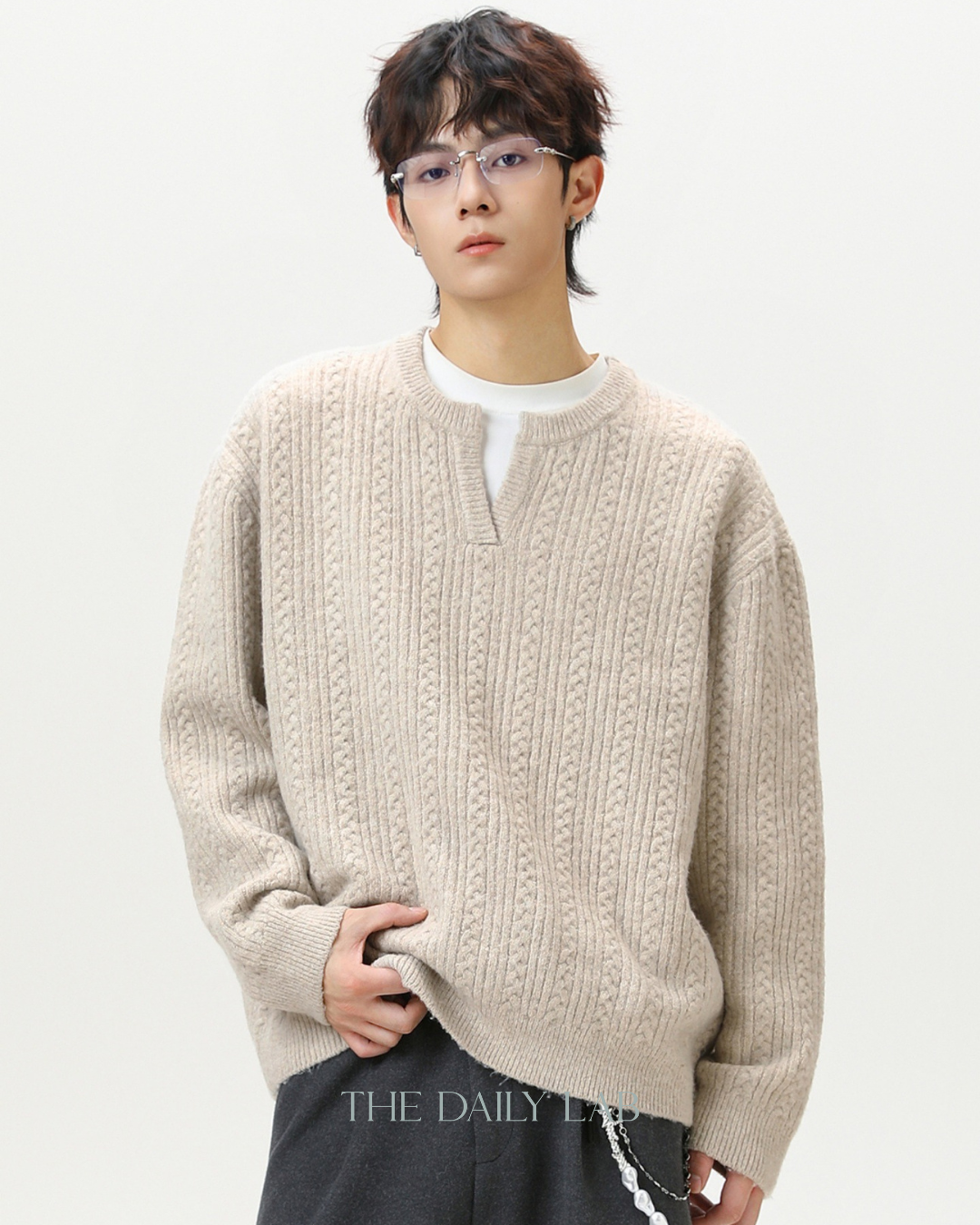 Oversized V-Neck Knit Sweater in Oatmeal