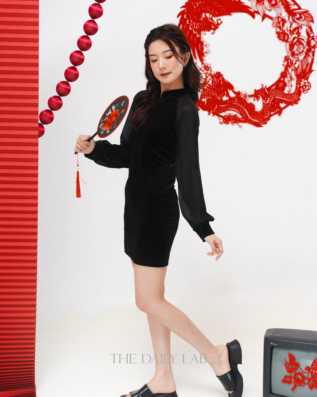 Velvet Sheer Lantern Sleeve Dress