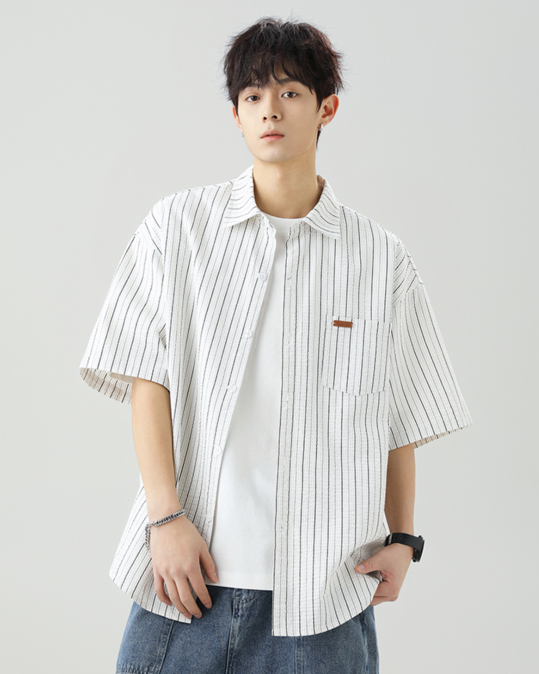 Striped Buttoned Overshirt in White