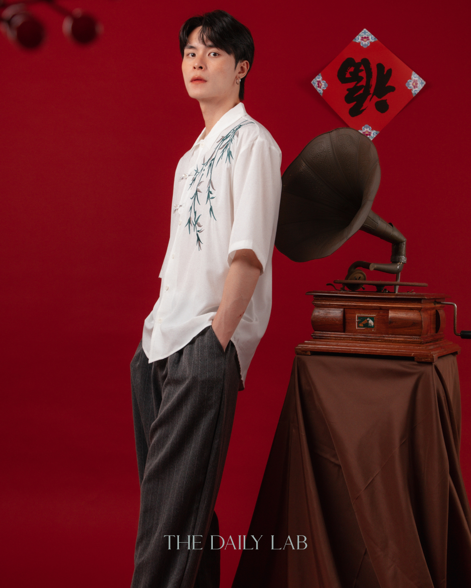 Embroidered Bamboo Chinese Shirt in White